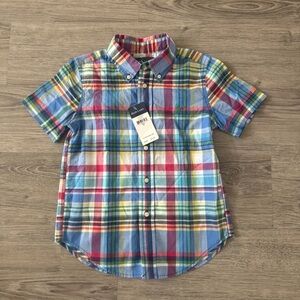 Ralph Lauren Boys Size 4 Short Sleeve Plaid Button Front 100% Cotton Shirt NWT